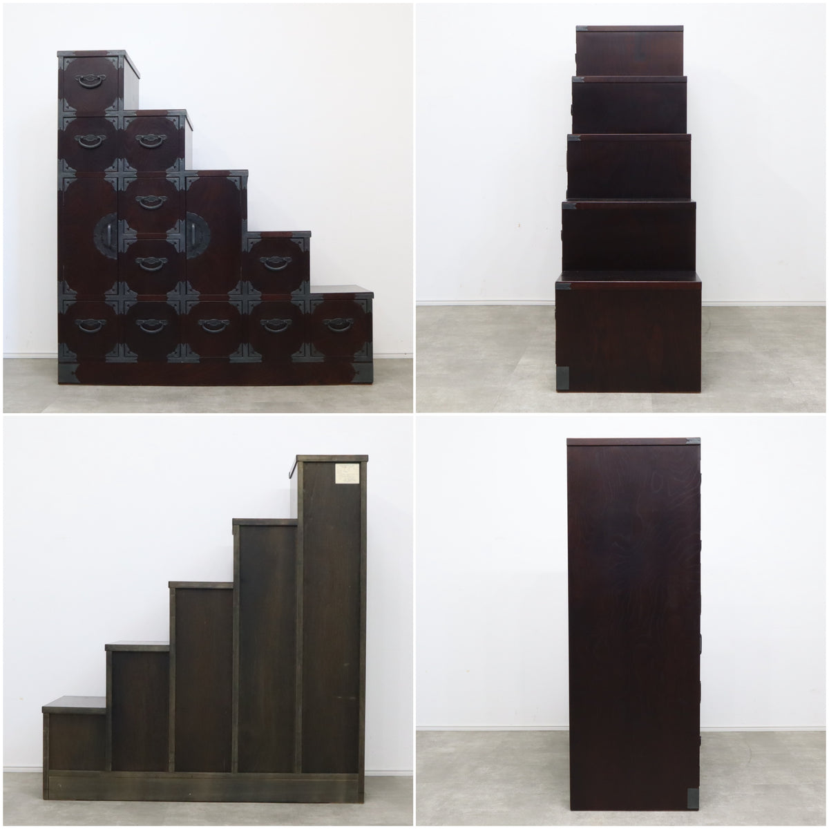 DGC18 葵紋 民芸家具 葵 三.五尺 階段タンス 右下り 4段 階段箪笥 欅 階段箪笥「葵」民芸家具・サイドボード 片面5段 – バナル