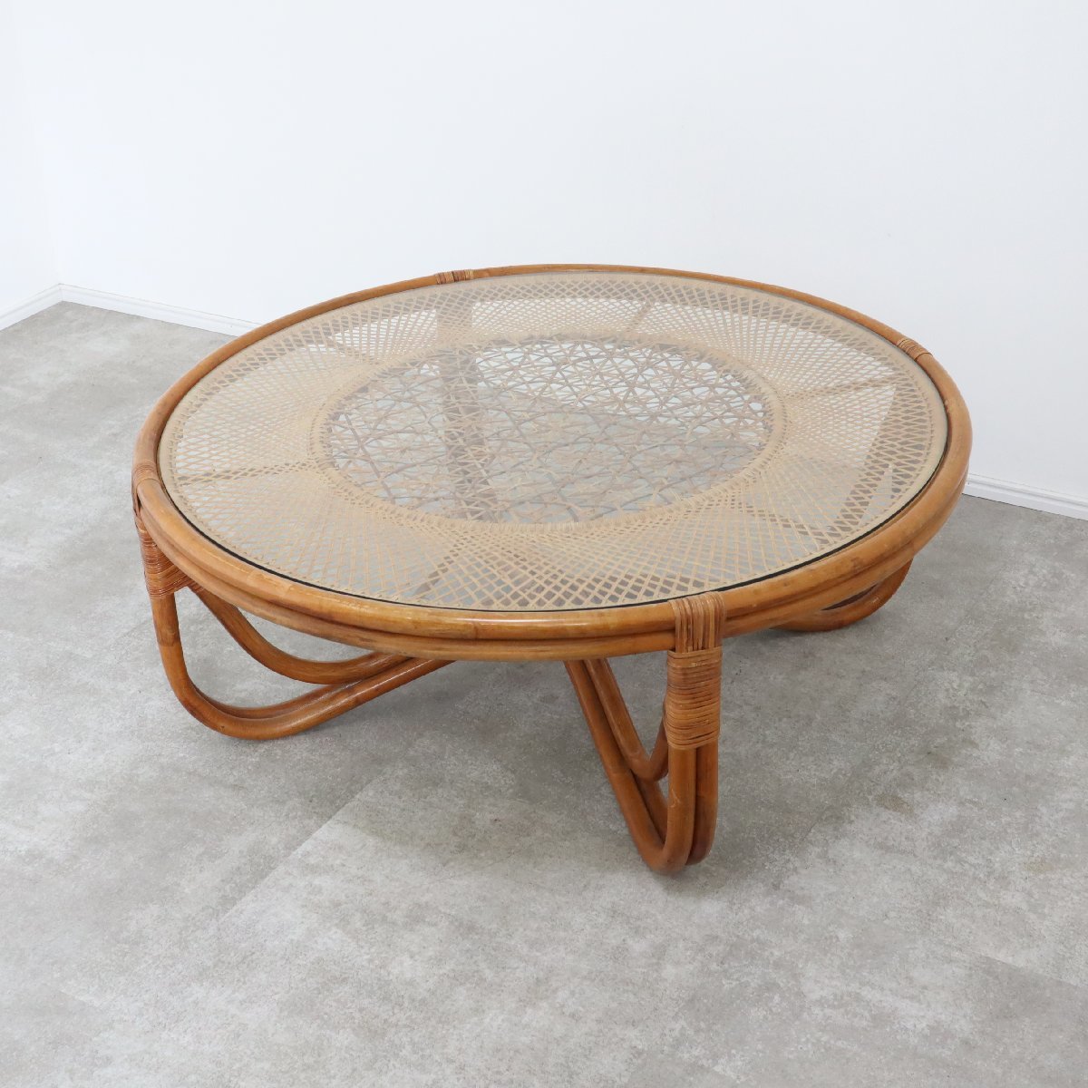 美品 ラタン ガラス テーブル レトロ アンティーク - サイドテーブル 
