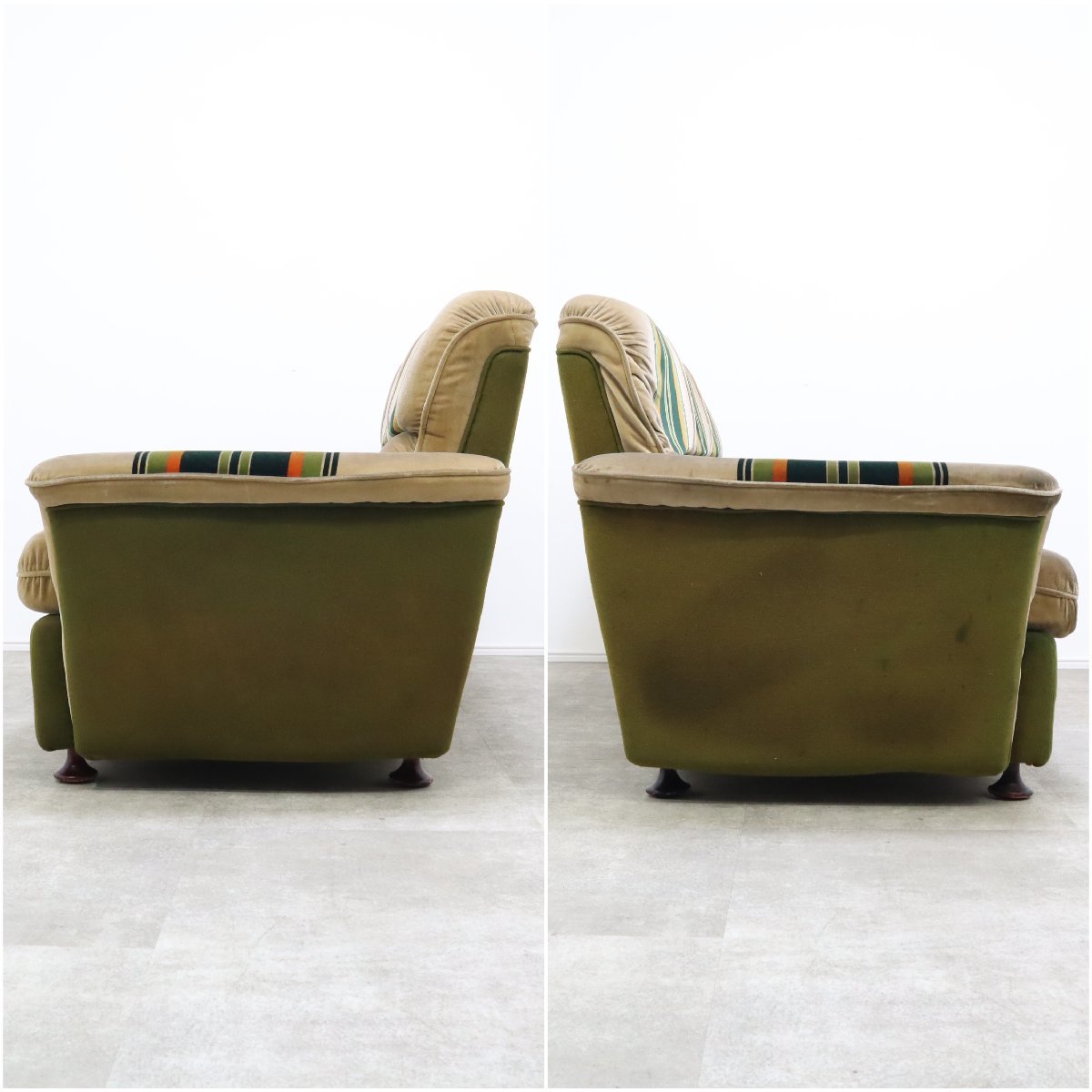 レア！70’sヴィンテージソファ3点セット ストライプ 昭和レトロ ポップ 什器 70'sヴィンテージなモケット張りのストライプソファ（3P