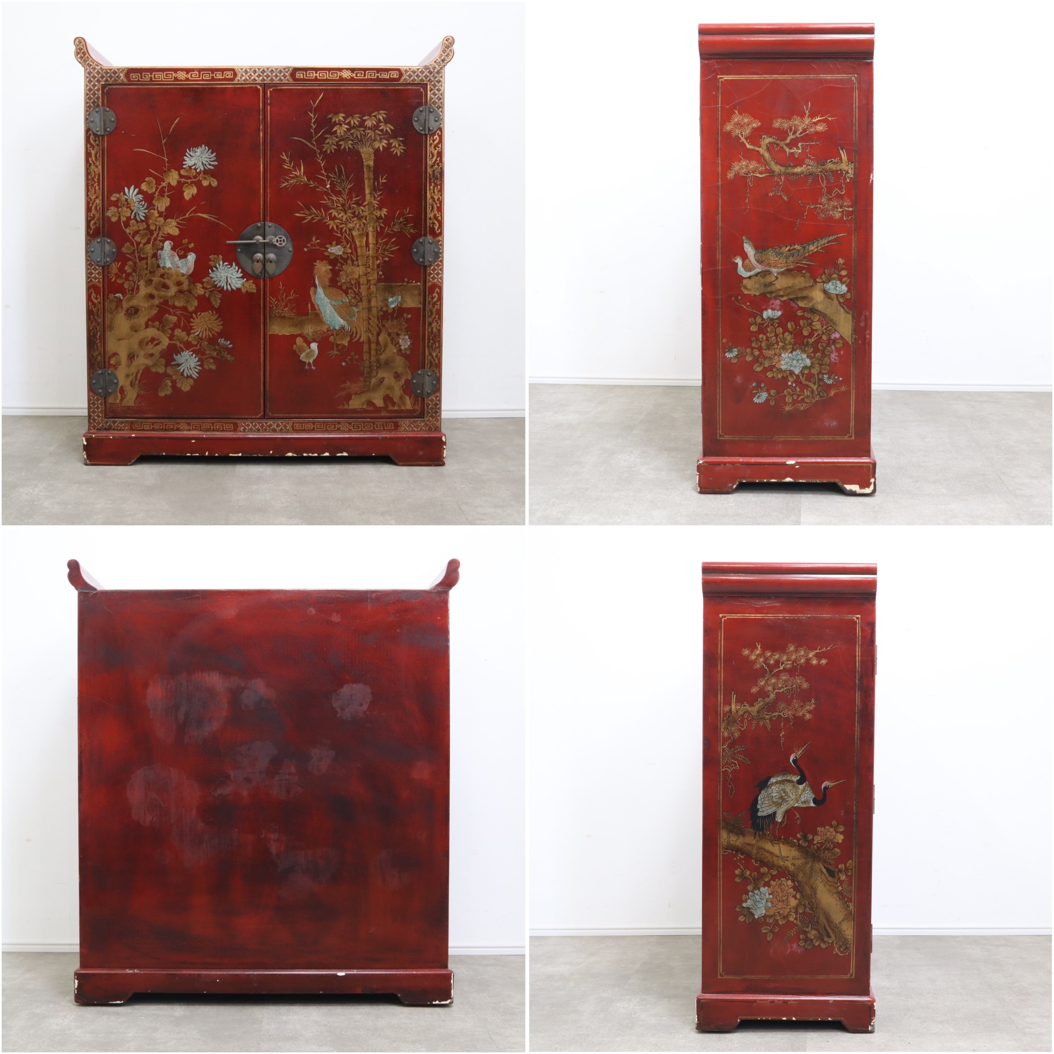 中国美術 朱塗 真鍮金具 家具 キャビネット 小引き出し 花鳥図 猫脚 中国美術 朱塗 真鍮金具 家具 キャビネット 小引き出し 花鳥図