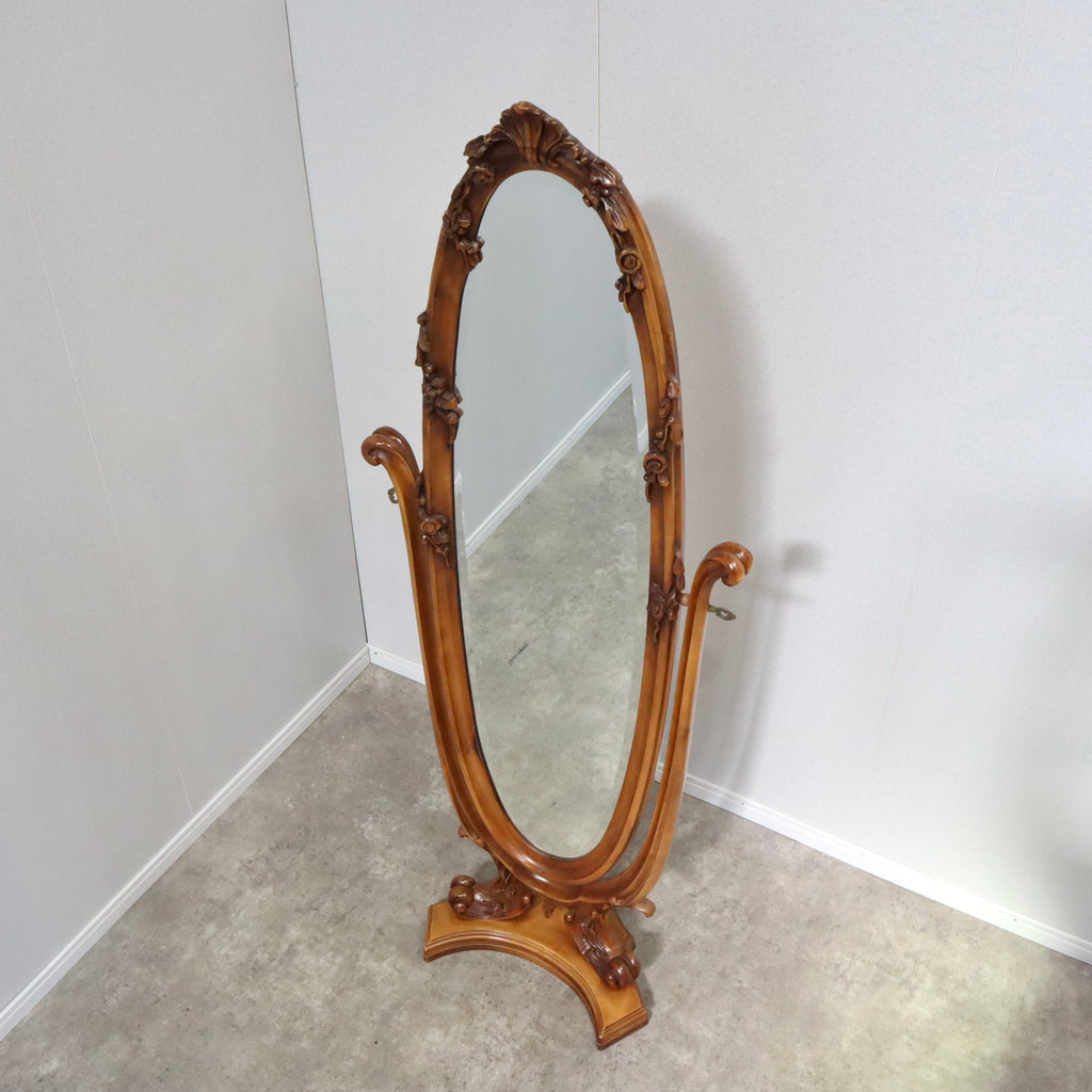 スタンドミラー アンティーク調 姿見 彫刻 木製 全身鏡【03A2202057