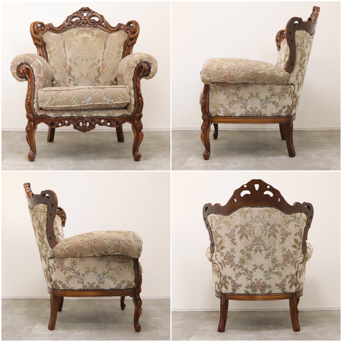 アンティーク調ソファ 1人掛けソファ ロココ調 木彫りフレーム 金華山