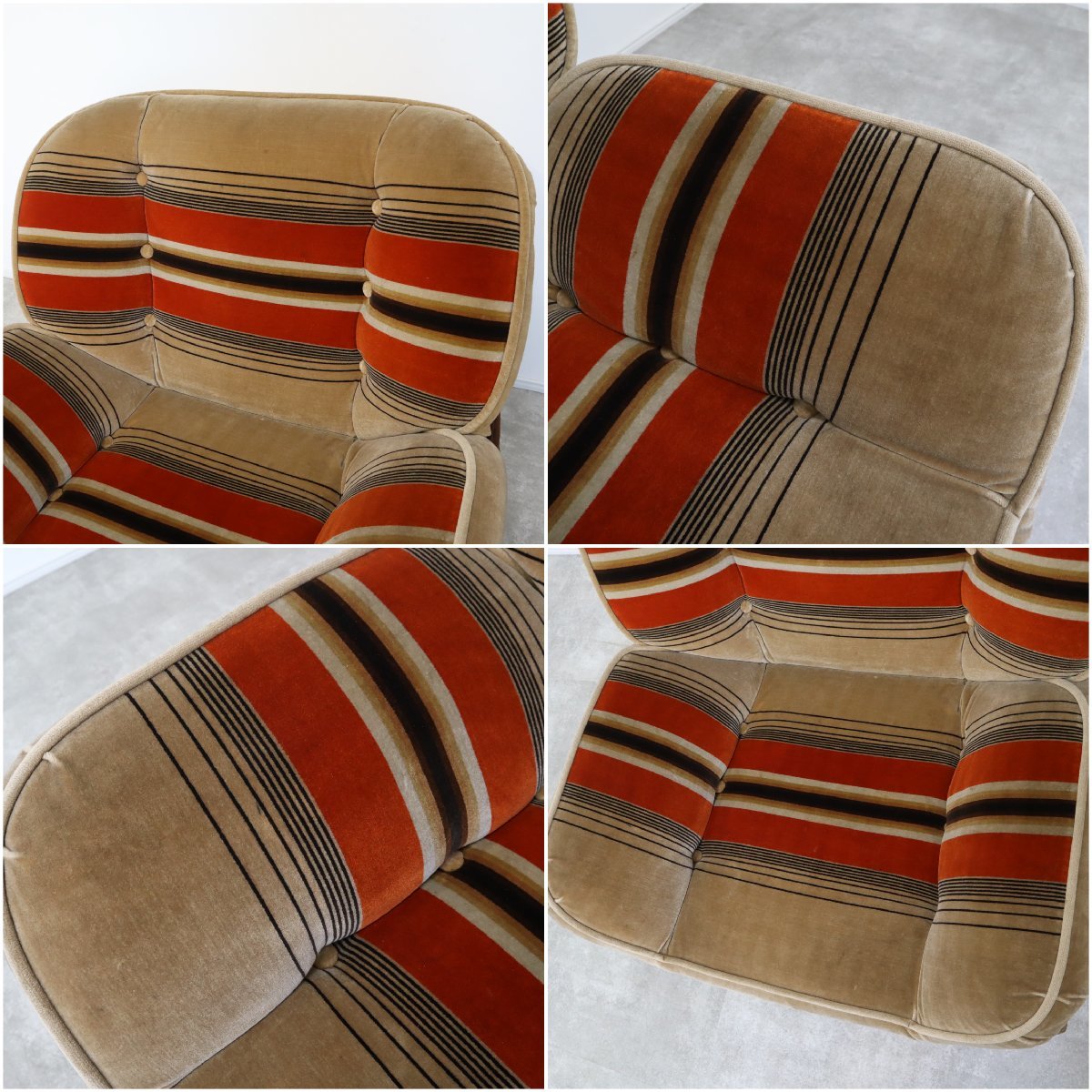 昭和レトロ ストライプ柄モケットソファ ミッドセンチュリー ① 昭和レトロソファ レトロ家具、レトロインテリアに溶け込む60