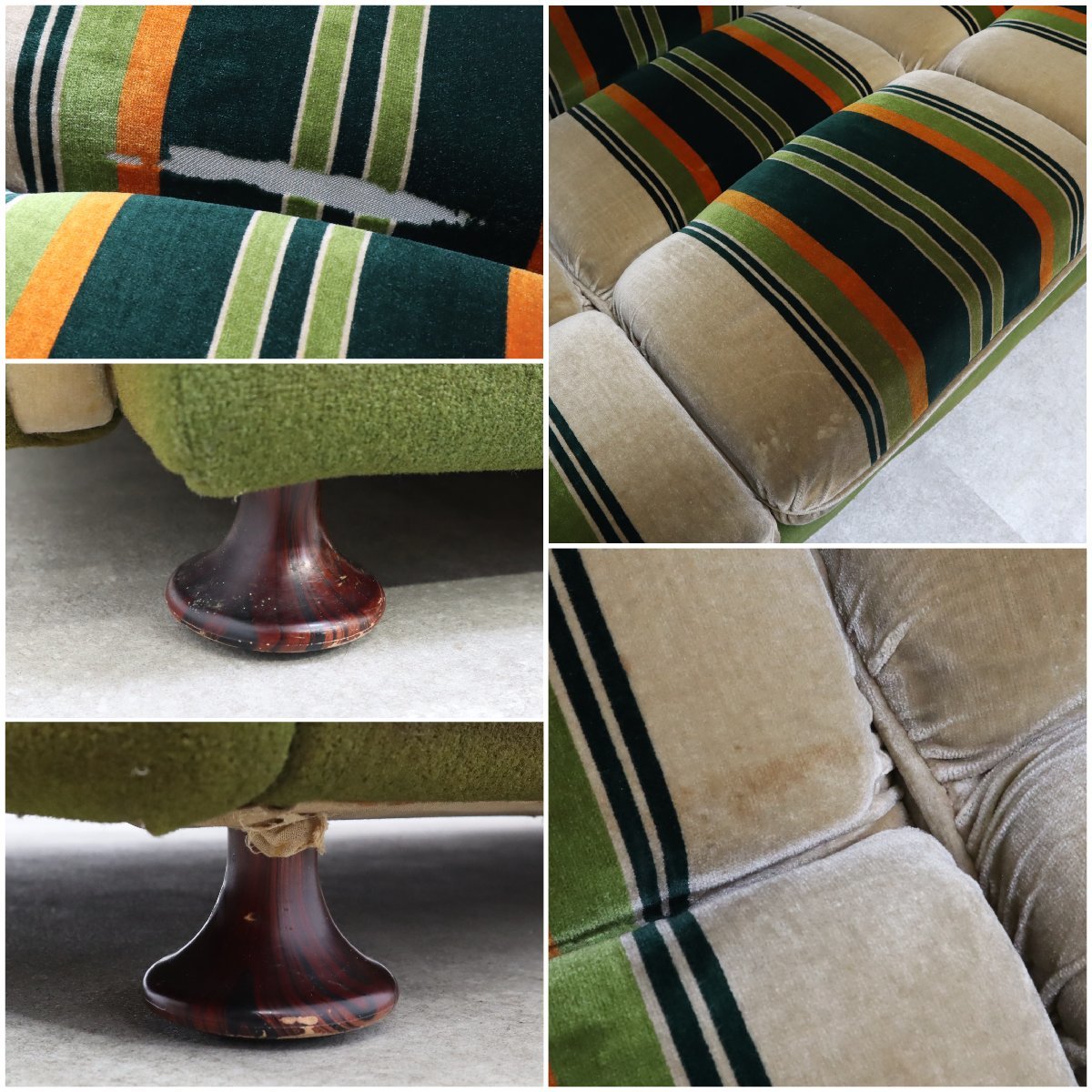 ③テーブル 昭和レトロポップ ソファ テーブル セット グリーンストライプ ①ソファ椅子 昭和レトロポップ ソファ テーブル セット