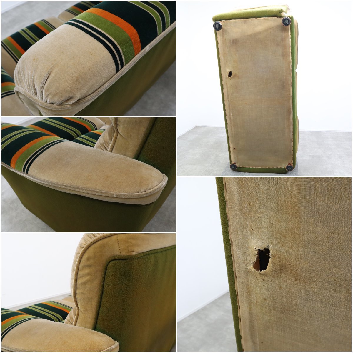 レア！70’sヴィンテージソファ3点セット ストライプ 昭和レトロ ポップ 什器 70'sヴィンテージなモケット張りのストライプソファ（1P